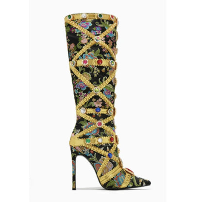 Multicolor Gemstone Gold Trim Stitched Stiletto Thigh Boots 2026 Pointed Toe Knee High Boots Fashion Shoes for Party Wedding