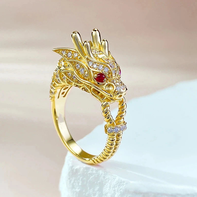 Luxury 9999 24K Solid gold certifid gold dragon domineering dragon head ring dragon tiger spirit dragon head gold ring