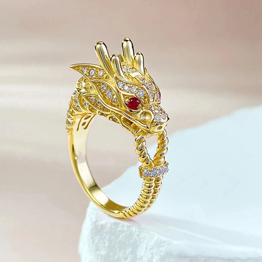 Luxury 9999 24K Solid gold certifid gold dragon domineering dragon head ring dragon tiger spirit dragon head gold ring