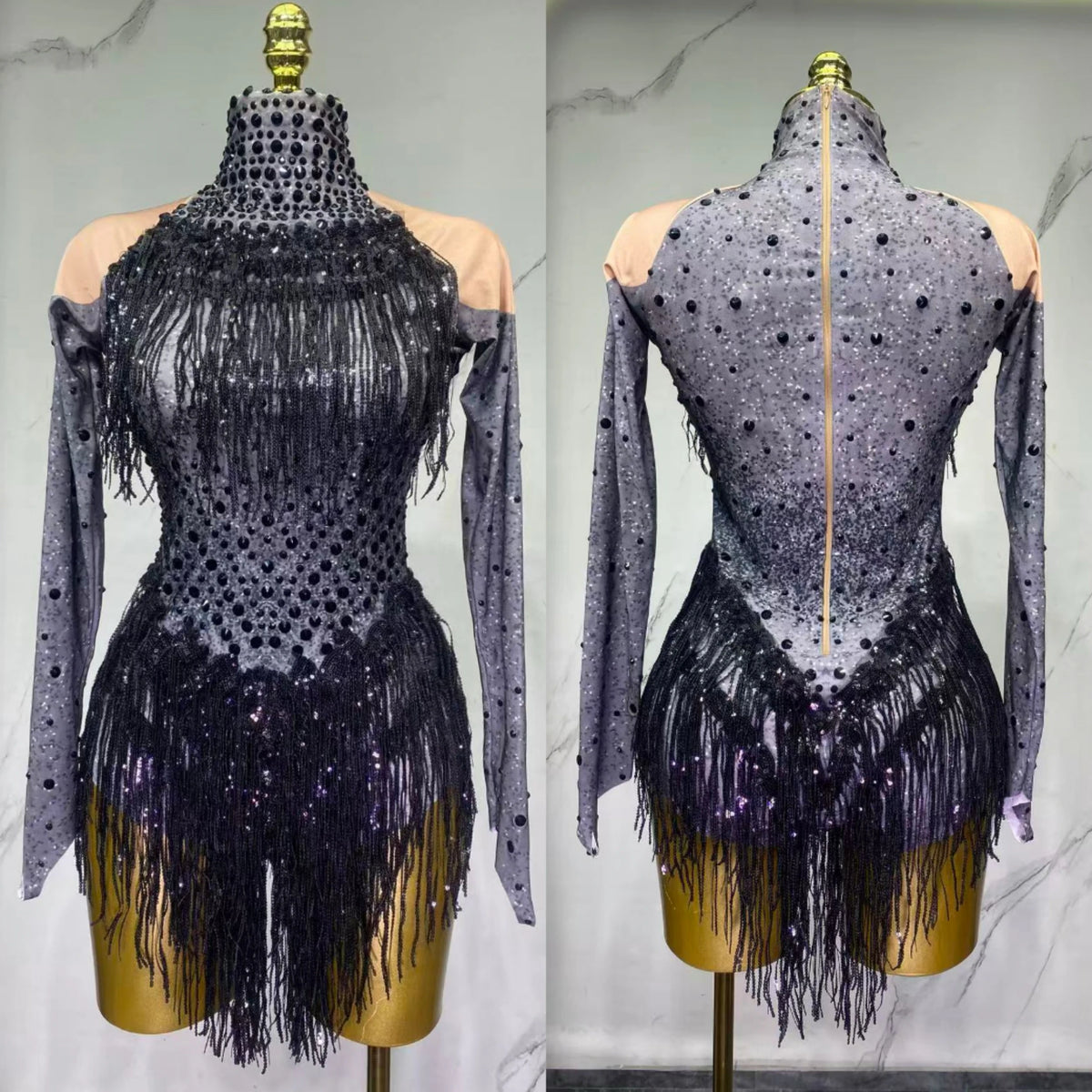 Sparkly Rhinestones Sequins Tassels Bodysuit for Women Sexy Performance Dance Costume Singer Dancer Leotard Show Stage Wear