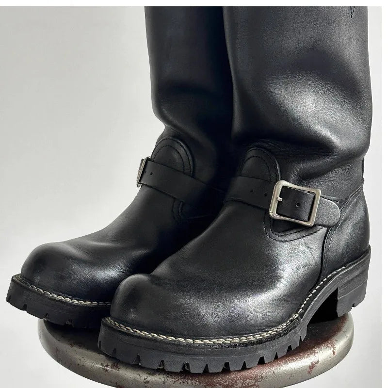 Cow Suede All-Macth Motorcycle Boots Men's Women Engineer Ort Shoes Retro Motorcycle Boots Faded Mid-Calf Shoes Motocross Boots