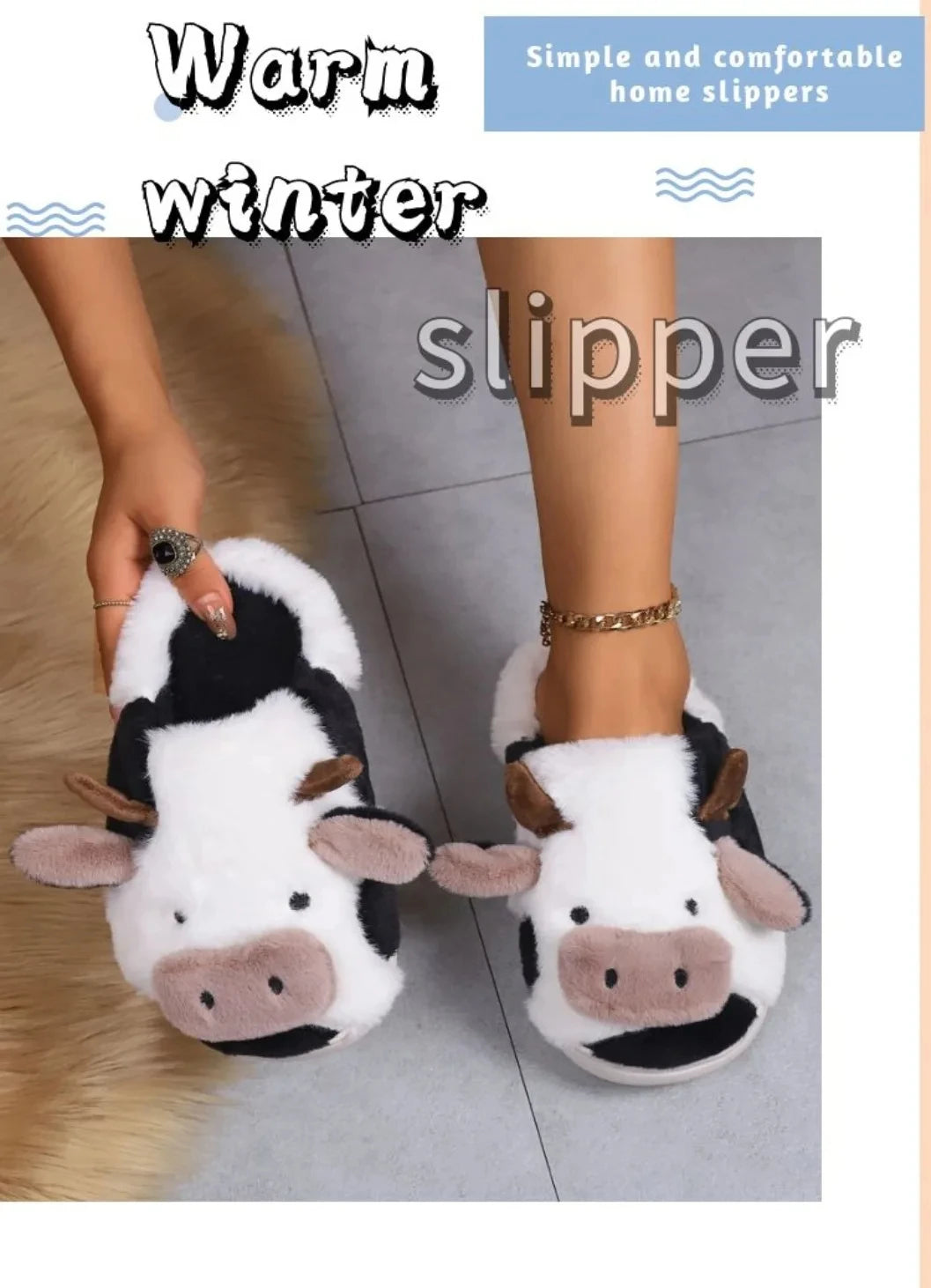 Shevalues Plush Cartoon Milk Cow Slippers Winter Women Slippers Furry Non-Slips Women Cotton Slides Couples Soft Cozy Flat Shoes