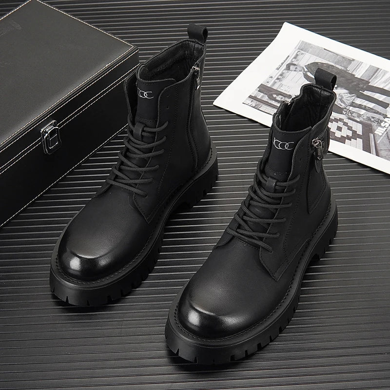 Summer Men's Hollow Ankle Boots Breathable Height-increasing Leather Motorcycle Boots Autumn Men Thick-soled High-top Shoes