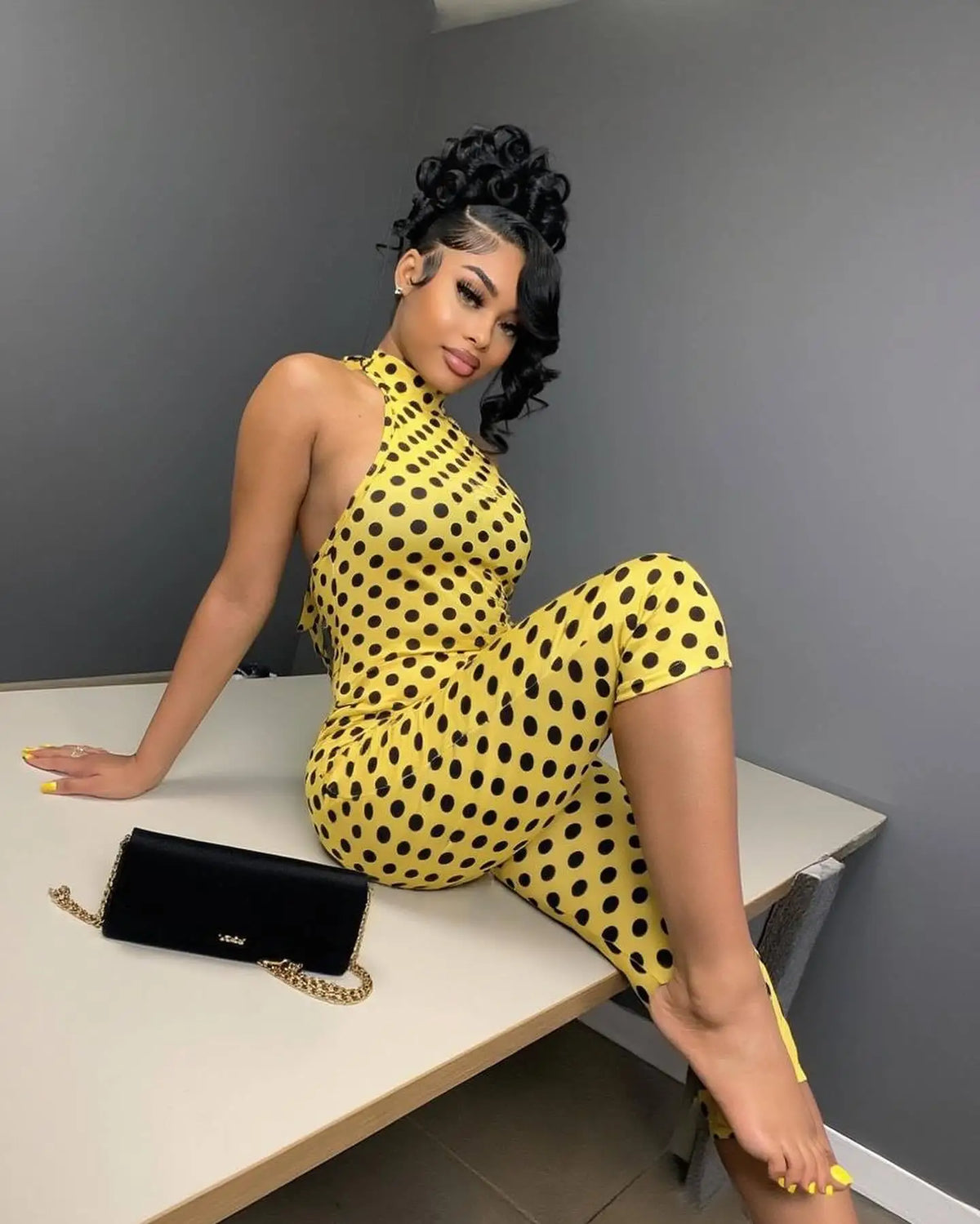 European and American New Style Women's Clothing Spring and Summer Polka Dot Print Elastic Halter Neck Backless Slim Fit Jumpsuit Women's Jumpsuit