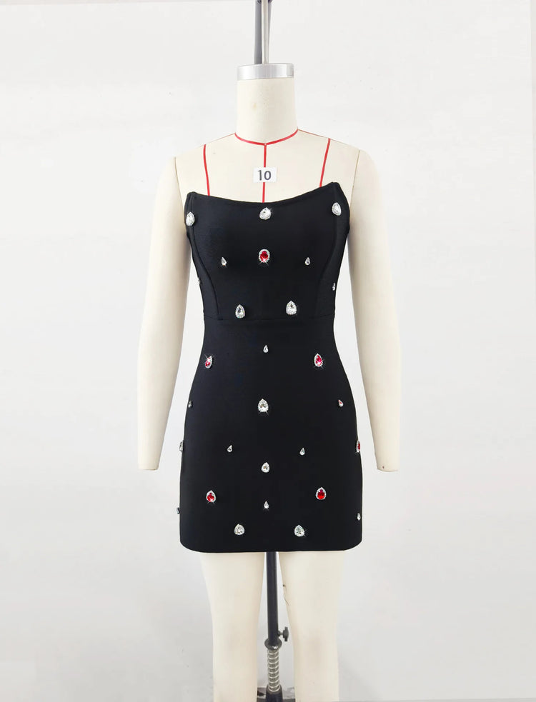 2025 New Spring Black Color Women Sexy Strapless Colorful Crystal Bodycon Mini Bandage Dress Nightclub Party Celebrate Outfit