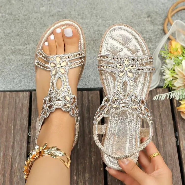 Red Rhineston Floral Elastic Band Sandals for Woman Luxury Crystal Bohemian Vacation Slippers Women Wedge Plus Size 36-43 Shoes