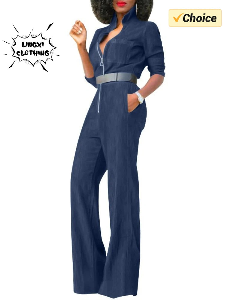 2024 Spring New Women's Jumpsuit Street Style Retro Washed Denim Fabric Lapel Half Open Long Sleeved Women's Jumpsuit