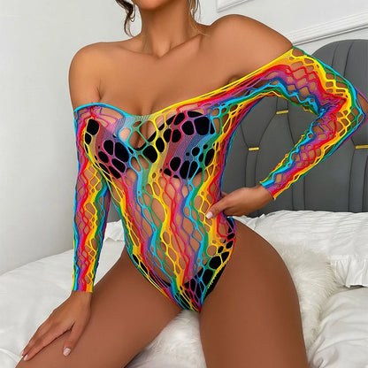 2022 Sexy Transparent Bodysuits Women's Bodice See Through Lingerie Bodysuit Elasticity Mesh Tights Long Sleeves Tops Streetwear