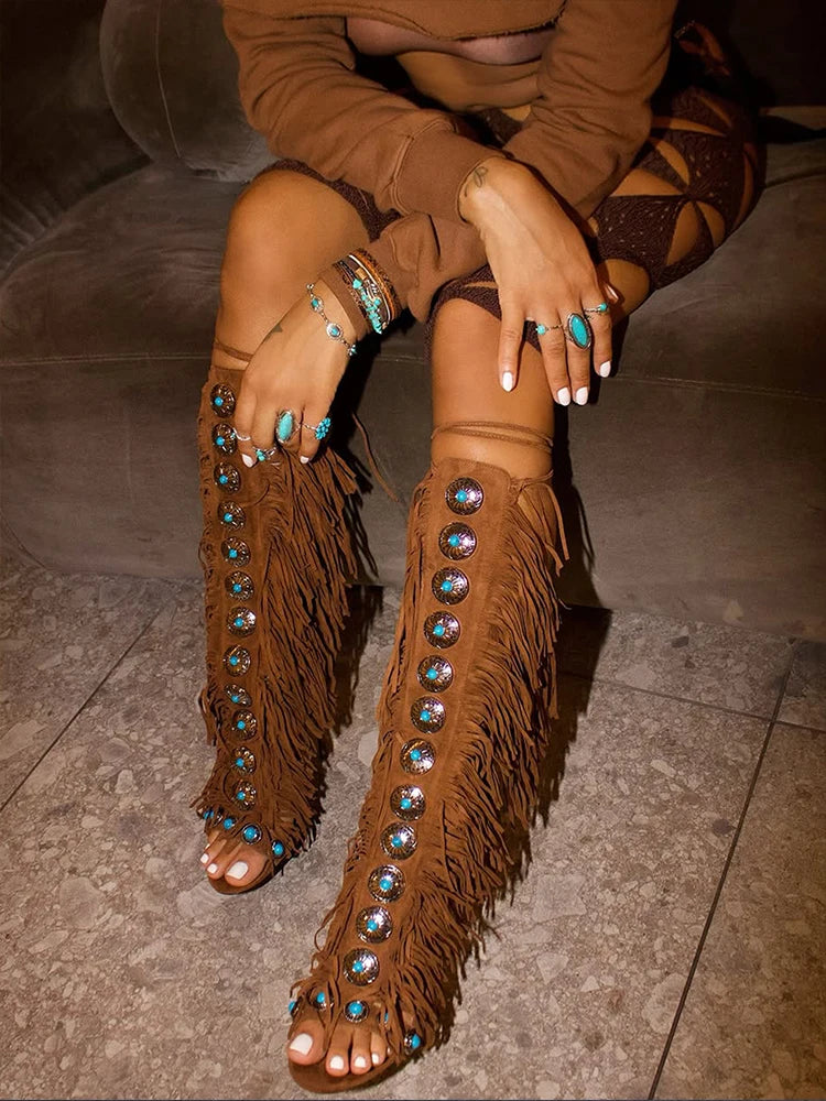 GMQM 2025 New Summer Festival Women's Knee High Boots Fringe Strappy Sandals Open Toe Lace-up Tassels High Heel For Dressy Shoes