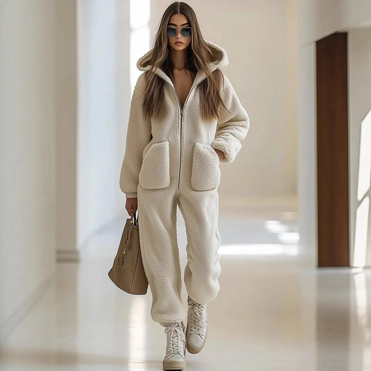 Autumn Winter Style Hooded Pocket Loose Straight Jumpsuit Sports Style Solid Color Monos Casuales Ropa De Dama Casual Jumpsuits