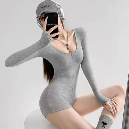 Women's Short Yoga Jumpsuits Long Sleeve Slim Fit Stretch One Piece Playsuits Sexy Fitness Female Shorts Zipper Sportwears