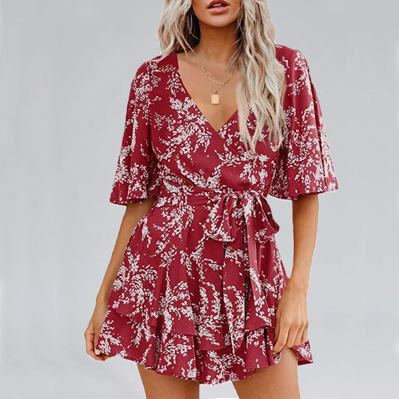Hot-selling Women's Jumpsuits V-neck Flared Sleeves High Waist Plant Printed Pleated Lace-up Fashion High Street Playsuits