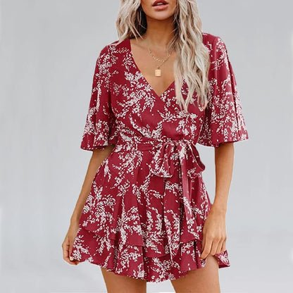Hot-selling Women's Jumpsuits V-neck Flared Sleeves High Waist Plant Printed Pleated Lace-up Fashion High Street Playsuits