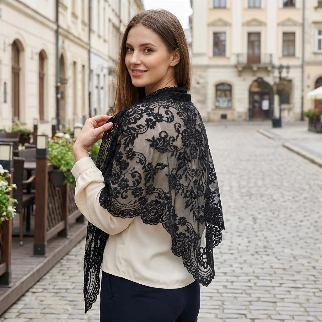 Women'S Lace Triangular Shawl, Breathable Floral Hollow Out Outerwear, French Retro Scarf, Commute Wedding All-Match