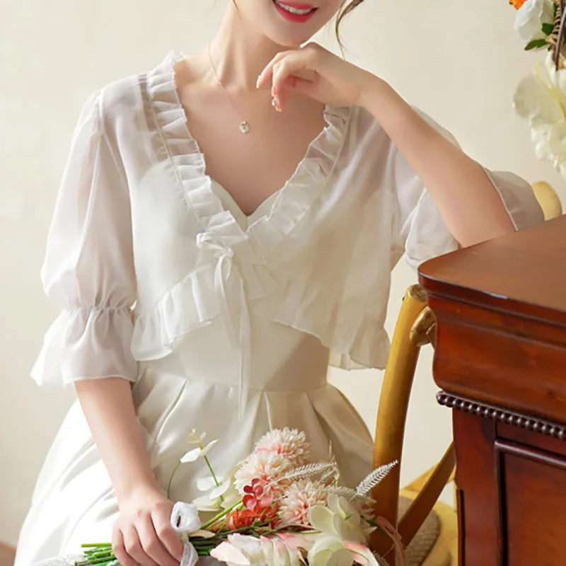 Spring, Summer, and Autumn Chiffon Lace Up Shirt, Shawl, Camisole, Thin Design, Sexy Solid Color, Loose Fit, Sweet Matching, Wed