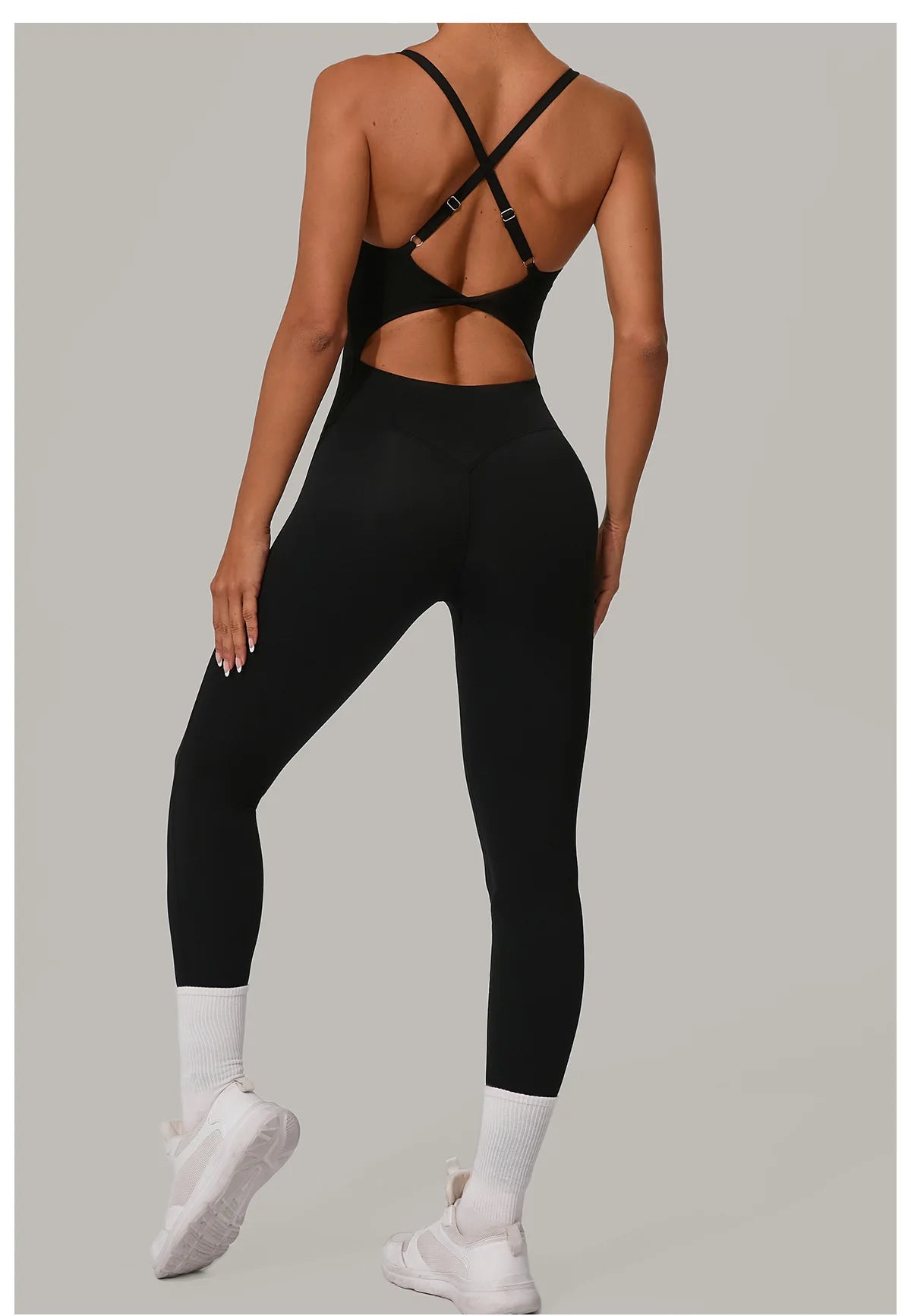 New Nylon Pad V-Neck Wrap Yoga Bodysuit - Adjustable Hook Tummy Control Butt Lift Workout Jumpsuit