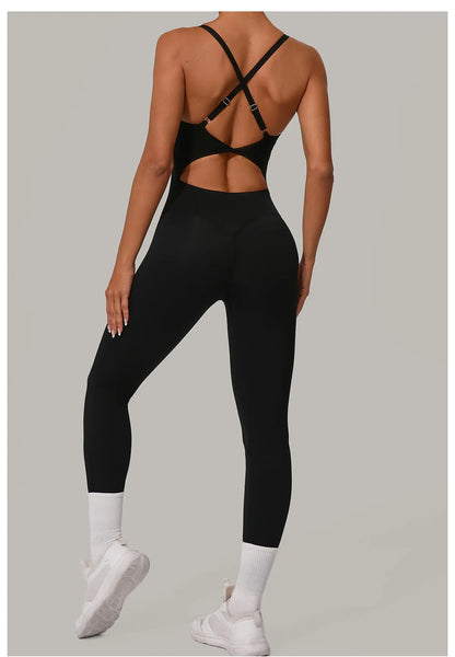 New Nylon Pad V-Neck Wrap Yoga Bodysuit - Adjustable Hook Tummy Control Butt Lift Workout Jumpsuit