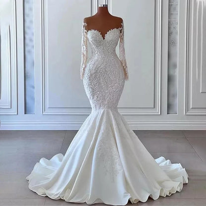 Ivory Wedding Dress Luxury Applique Sheer Tulle Neck Mermaid Wedding Gowns for Bride Long Sleeves Satin Elegant Bridal Dresses