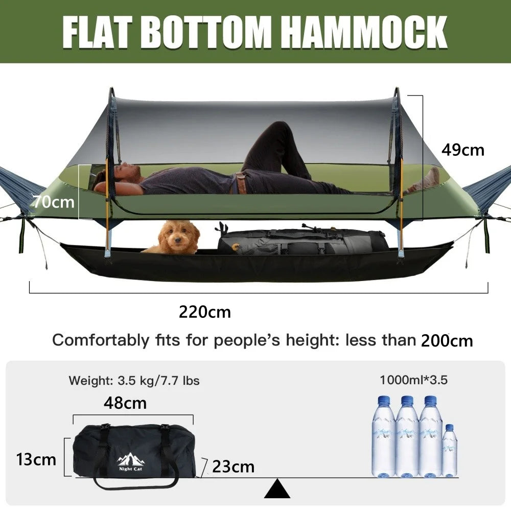 Night Cat Lay Flat Hammock: Flat Bottom with Mosquito Net Waterproof Rainfly for 1 Person Camping Hiking in Garden Backyard Wild
