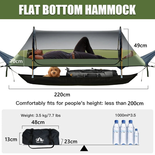 Night Cat Lay Flat Hammock: Flat Bottom with Mosquito Net Waterproof Rainfly for 1 Person Camping Hiking in Garden Backyard Wild