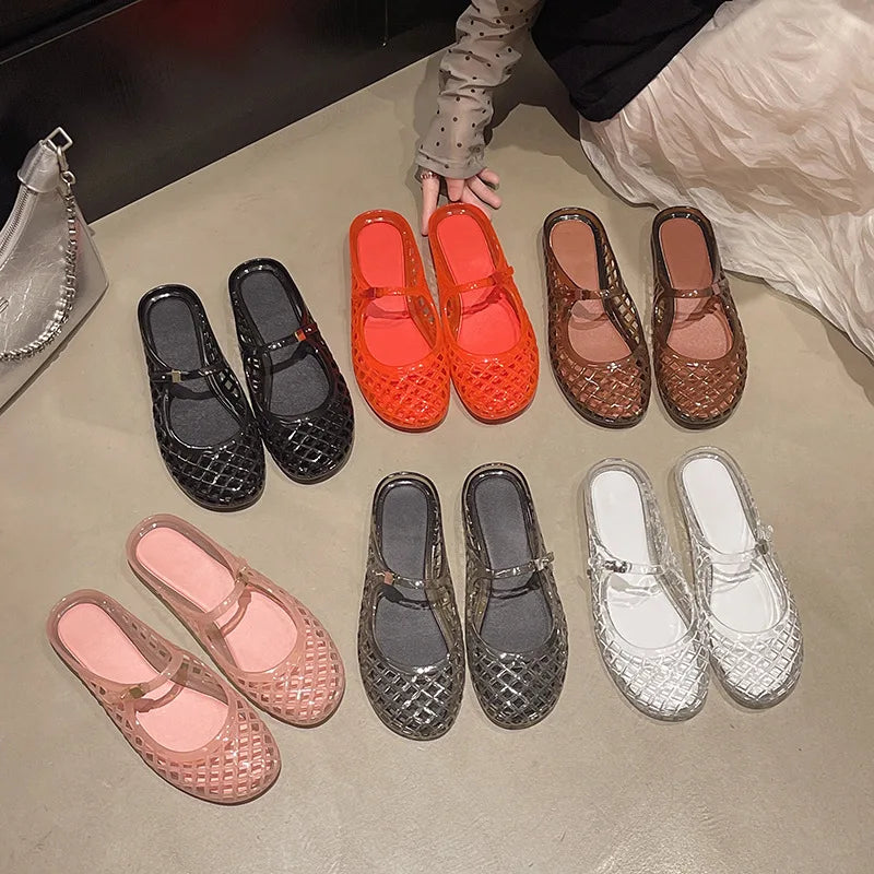 Women's Light Luxury Crystal Jelly Mary Jane Flat Sandals Hollow-out Breathable Closed Toe Summer Casual Non-slip Slip-on Shoes