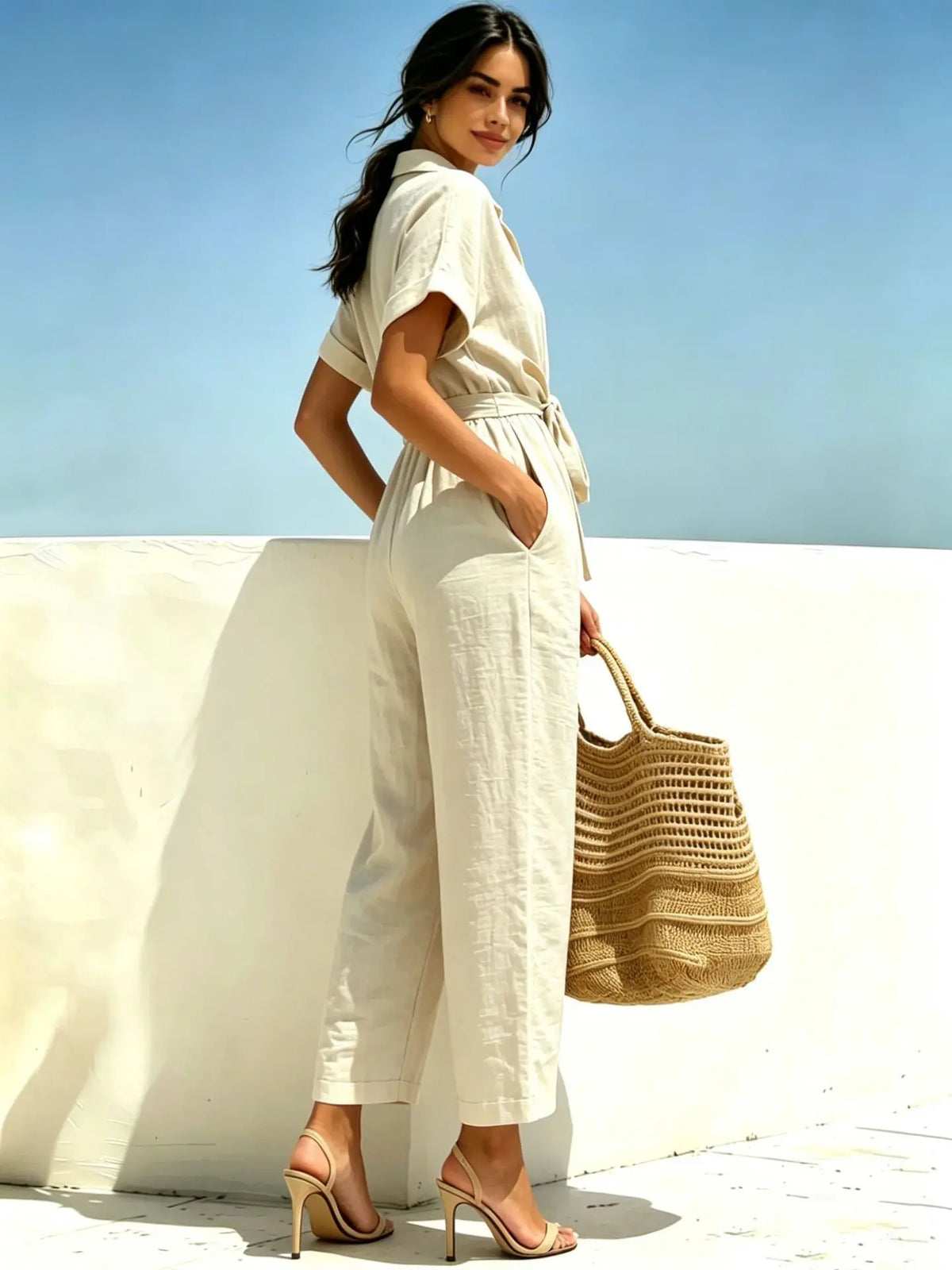 2026 Women's Shirts And Jumpsuits Fashion V-neck Lace Up Wide Legs Summer Casual Resort Female Short Sleeve Rompers Shirts Pants