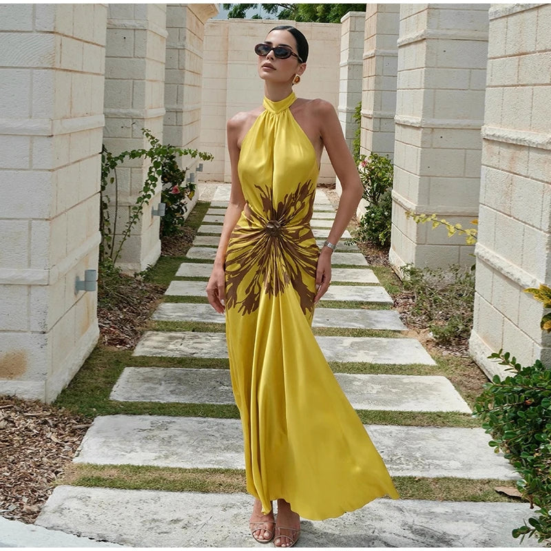 2026 Summer Printed Halter Maxi Dress Women Sleeveless Pleated Chic Satin Long Dresses Fashion Vacation Beach Party Lady Robe