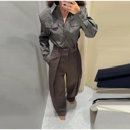 Multicolor Striped Shirt 2 Picec Set Button Front Blouse High Waist Flared Hem Maxi Skirt 2026 Summer Elegant Lady Vacation Suit
