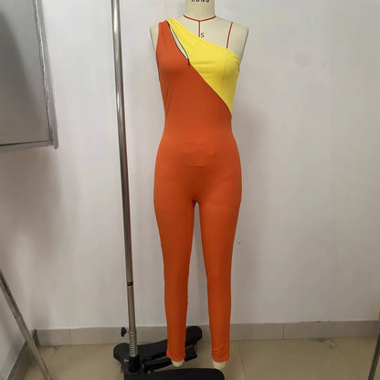 Women Patchwork Jumpsuits Skinny Rompers Full Lenth Sleeveless One Shoulder Top Pencil Pants Slim Office Lady Casual 2026 Summer