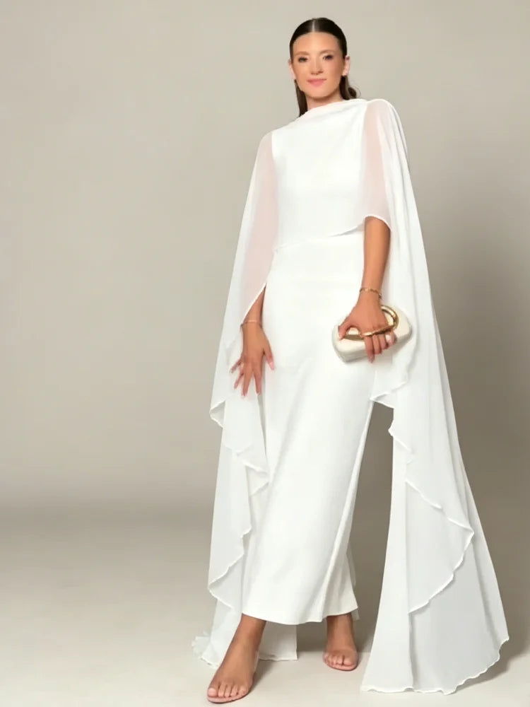 Sheer Cape Round Neck Maxi Dress For Woman Open Back Solid Plain Design Skirt Elegant Wedding Formal Evening Female Long Robes