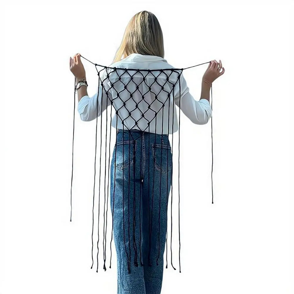 Bohemian Netted Fringe Scarf Handwoven Bikini Women Mid Waist Skirt Ethnic Design Mesh Tassel Waistband Decorative Butt Curtain