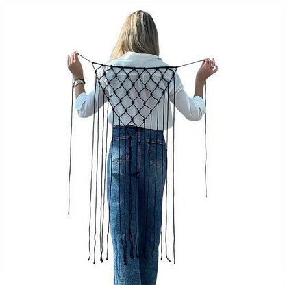 Bohemian Netted Fringe Scarf Handwoven Bikini Women Mid Waist Skirt Ethnic Design Mesh Tassel Waistband Decorative Butt Curtain