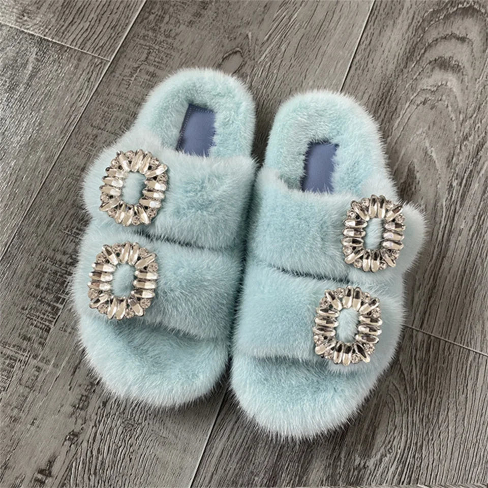 2025 New Women Fur Slippers Shoes Women Warm Winter Crystal Fur Shoes For Women Slippers Casual Plush Comfortable Mink Slippers