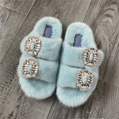 2025 New Women Fur Slippers Shoes Women Warm Winter Crystal Fur Shoes For Women Slippers Casual Plush Comfortable Mink Slippers
