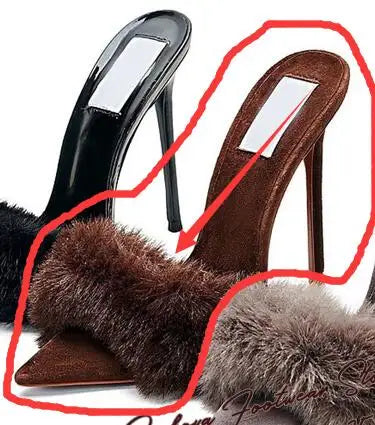 Surkova Sky Blue Black Luxury Fur Embellished Sandals Suede Thin High Heel Slippers Steel Tip Toe Slip-on Evening Shoes Size46
