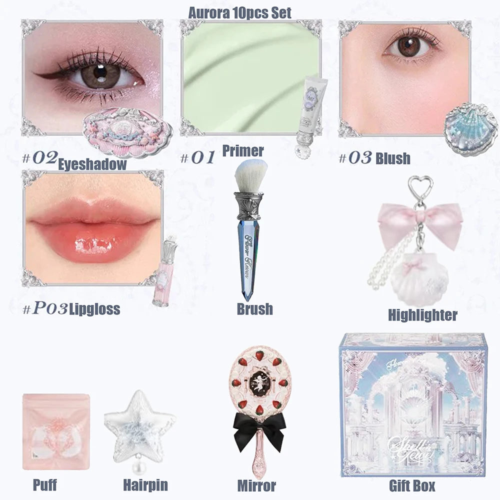 Flower Knows Shells Pearl Eyeshadow Essence Lip Honey Blush Cheek Makeup Front Ocean Gift Box Makeup Kit Full Professional