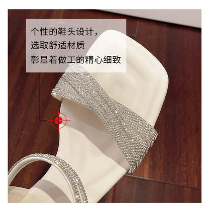Fashion Rhinestones Ladies Heels Pumps Shoes Luxury Female Slides New in 2025 Footwear Square Toe Women Heeled Sandals Shoes