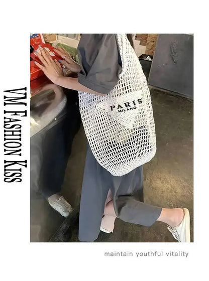 2024 Luxury Design Women Plaited Raffia Straw Bag Large Capacity Casual Tote Handbag Hollow Summer Beach Vacation Shoulder Bag