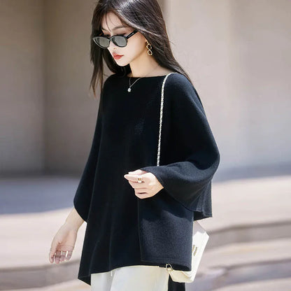 Autumn New 100% Merino Wool Shawl Pullover For Women Soft Solid Cashmere Knitwear Shawl Scarf Female Popular Sweater Grace Tops