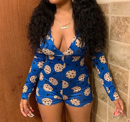 OMSJ 2024 Rompers Women Sleepwear Sky Blue Leopard Print Long Sleeve Short Jumpsuit Sexy Onesie For Adult Female Nightwear S-3XL