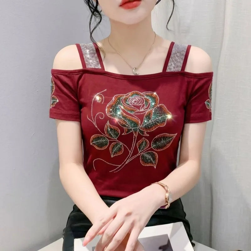 High Quality Elasticity Clothes Fashion T-Shirts Women's Sexy Off Shoulder Shiny Diamonds Mesh Tops Summer Tees Shirt