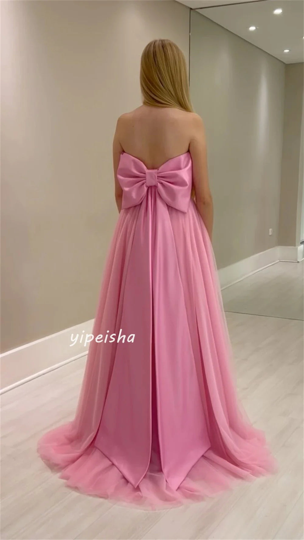 Customized Net Draped Sash Bow Graduation A-line Strapless Bespoke Occasion Gown Long Dresses