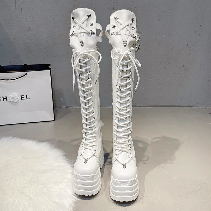 Super high heel high boots Spring and Autumn New round toe shallow mouth metal buckle platform non-slip thick heel boots