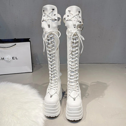 Super high heel high boots Spring and Autumn New round toe shallow mouth metal buckle platform non-slip thick heel boots