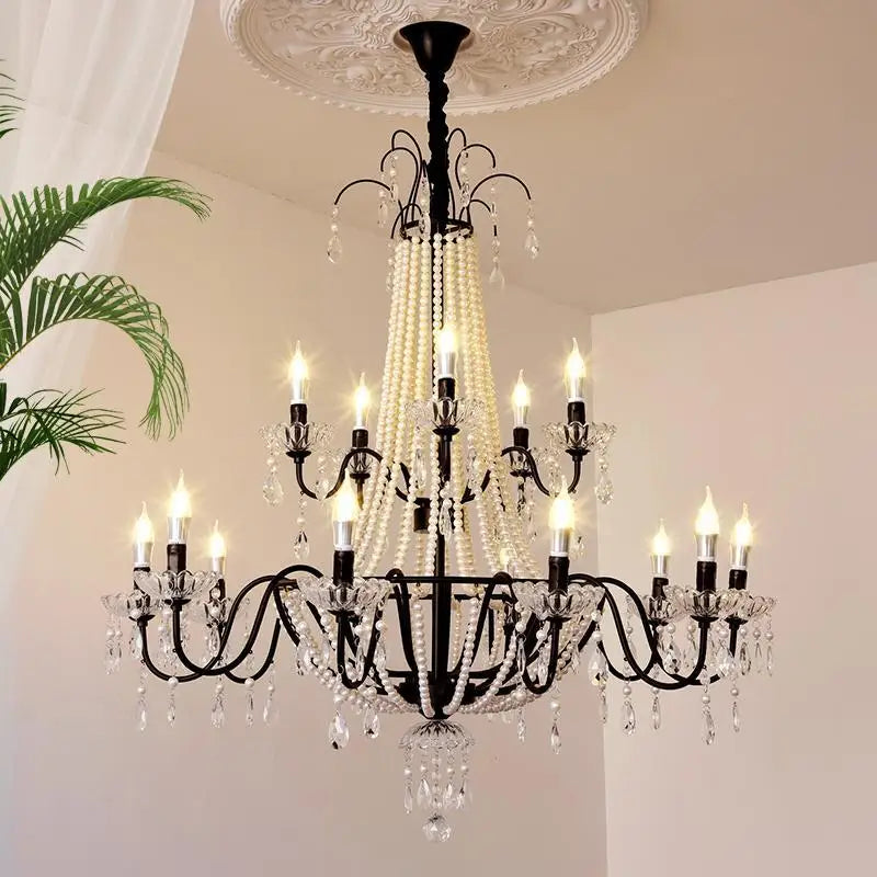 European Living Room Gold Candle E14 Chandelier Luxury Crystal Pearl Led Pendant Lights Villa Decor Led Suspend Lamp Luminarias