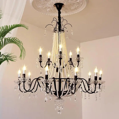 European Living Room Gold Candle E14 Chandelier Luxury Crystal Pearl Led Pendant Lights Villa Decor Led Suspend Lamp Luminarias