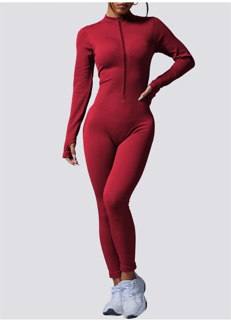 Screw Zipper Long Sleeve Jumpsuit Woman Slim Gym Workout Running Yoga Jumpsuits Women V Neck Tight Sports Fitness Clothes