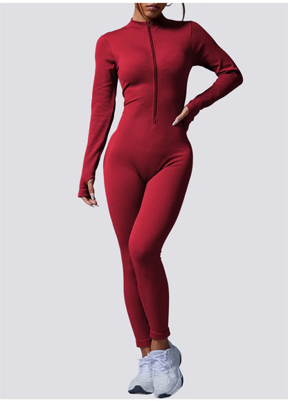 Screw Zipper Long Sleeve Jumpsuit Woman Slim Gym Workout Running Yoga Jumpsuits Women V Neck Tight Sports Fitness Clothes