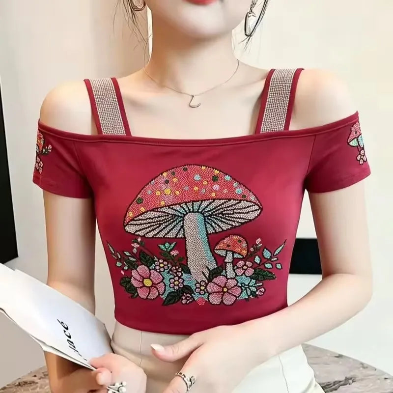 High Quality Elasticity Clothes Fashion T-Shirts Women's Sexy Off Shoulder Shiny Diamonds Mesh Tops Summer Tees Shirt
