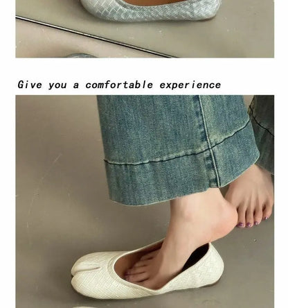 French Retro Split Toe Ballet Flats Women Red Woven Detail Tabi Slip On Shoe Woman Faux Leather Moccasin Daily Work Office Flats